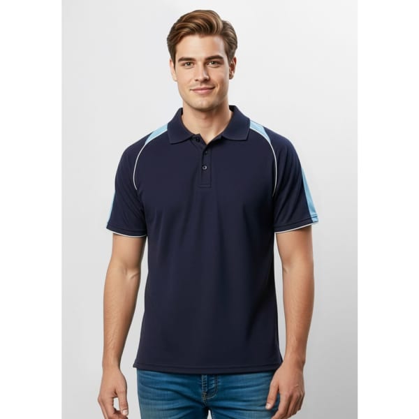 A navy blue men's polo shirt with light blue accents and a collar, featuring a logo on the chest.
