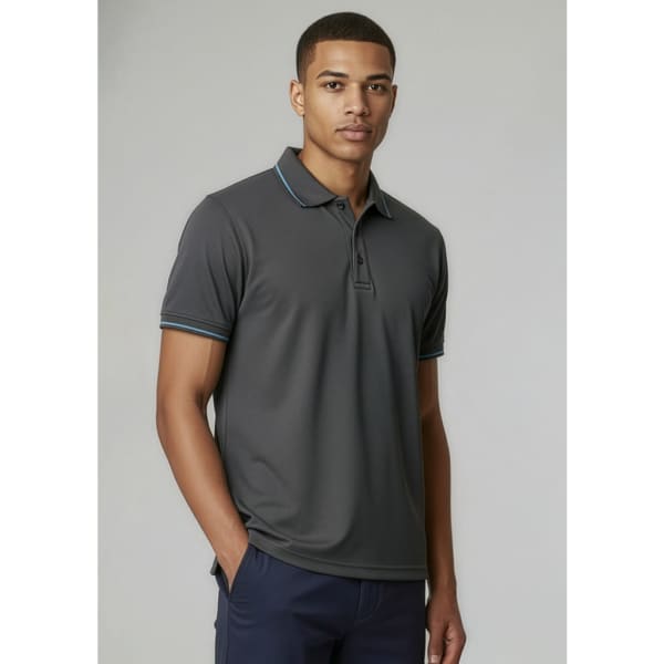 A men’s short sleeve polo shirt in dark grey, featuring a subtle logo and contrasting trim detail.