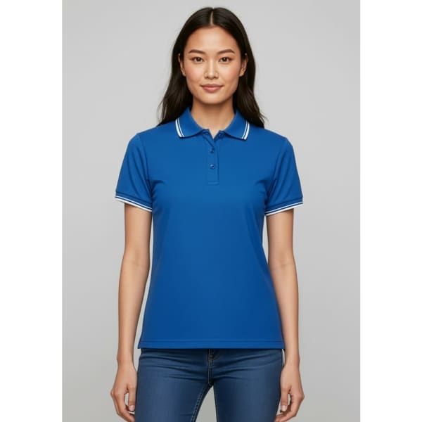 A blue women's polo shirt with short sleeves and contrasting white stripes on the collar and sleeves. It features a logo.