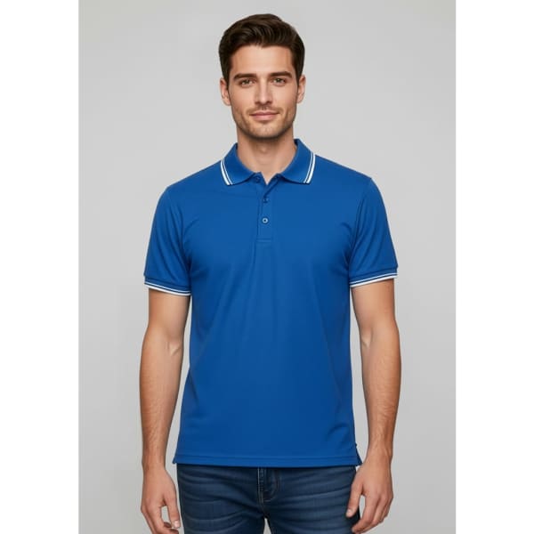 A blue men's polo shirt with short sleeves and white trim, featuring a collar and buttons, with a logo.