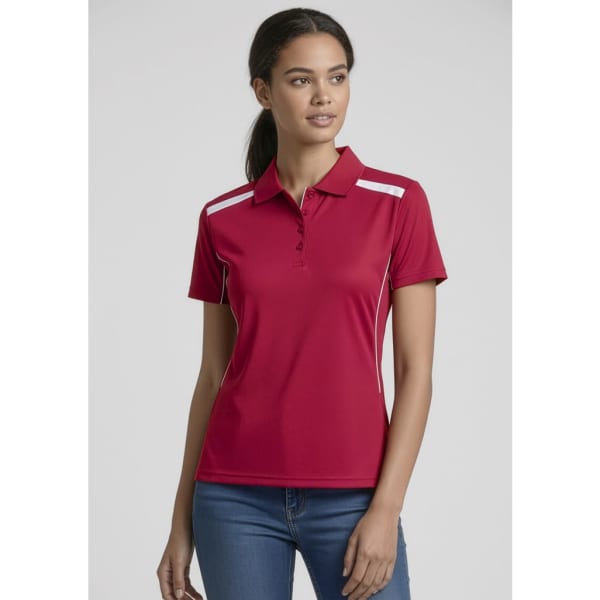 A red women's short sleeve polo shirt with white stripes and a logo on the front.