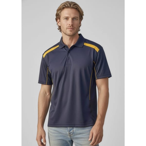 A navy short sleeve polo shirt with yellow accents, featuring a logo on the chest. Suitable for casual wear.