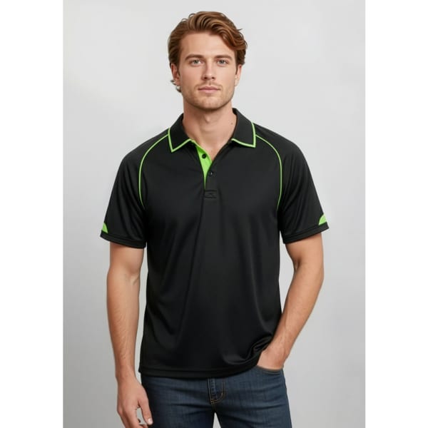 A black short sleeve polo shirt with green accents and a logo on the chest.