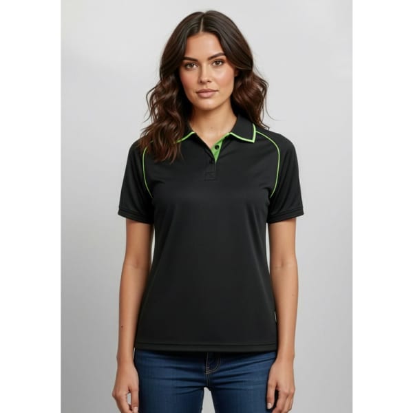 A black women's short sleeve polo shirt with green accents and a small logo on the chest.