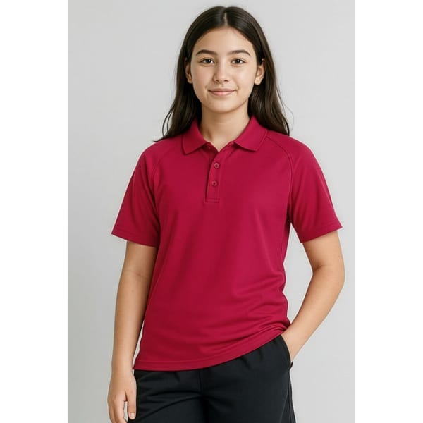 A red short sleeve polo shirt for kids, featuring a collar and three-button placket. The shirt includes a logo on the chest.