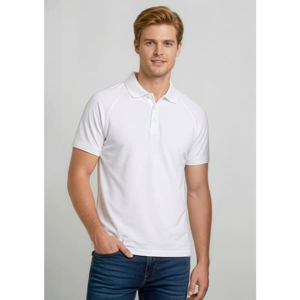 A white men's short sleeve polo shirt with a logo, paired with denim jeans.