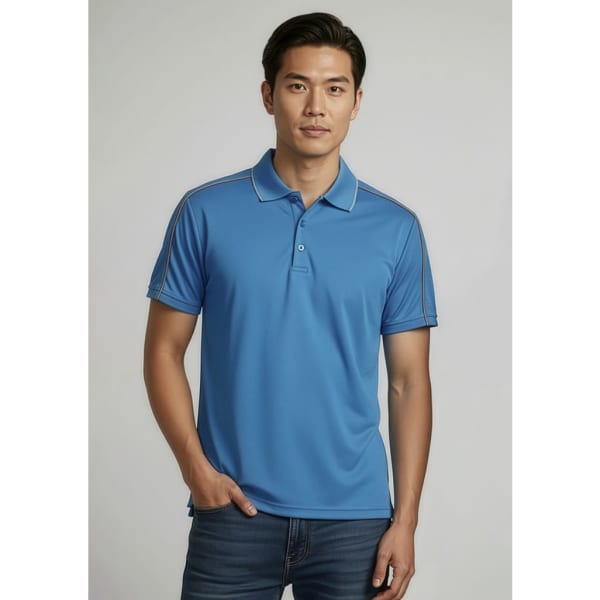 A blue men's short sleeve polo shirt featuring a collar and a logo. Ideal for casual wear.