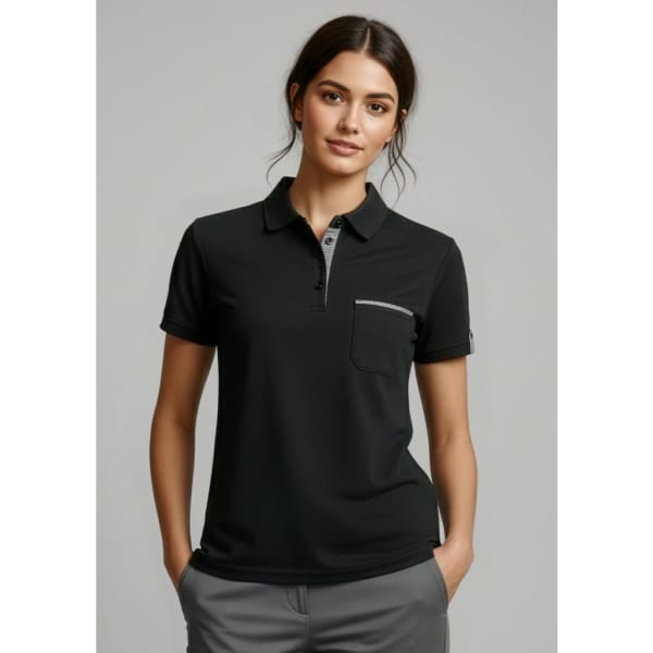 A black women's short sleeve polo shirt featuring a pocket and a logo. The collar is grey, adding contrast to the design.