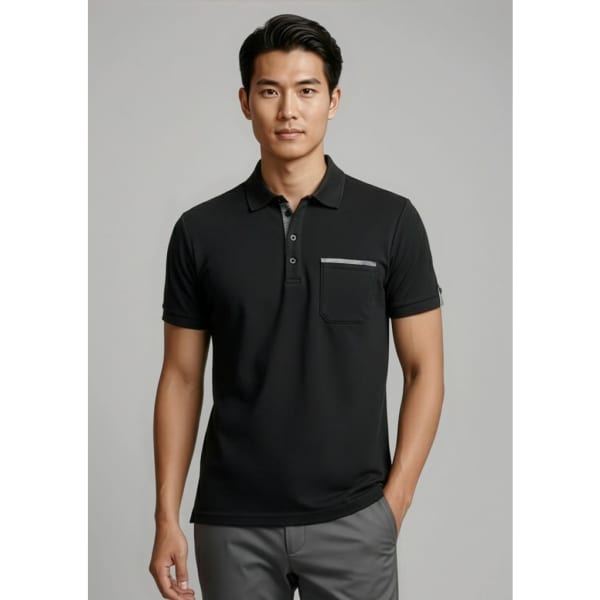 A black men's short sleeve polo shirt featuring a pocket and contrasting detail. Includes a logo.