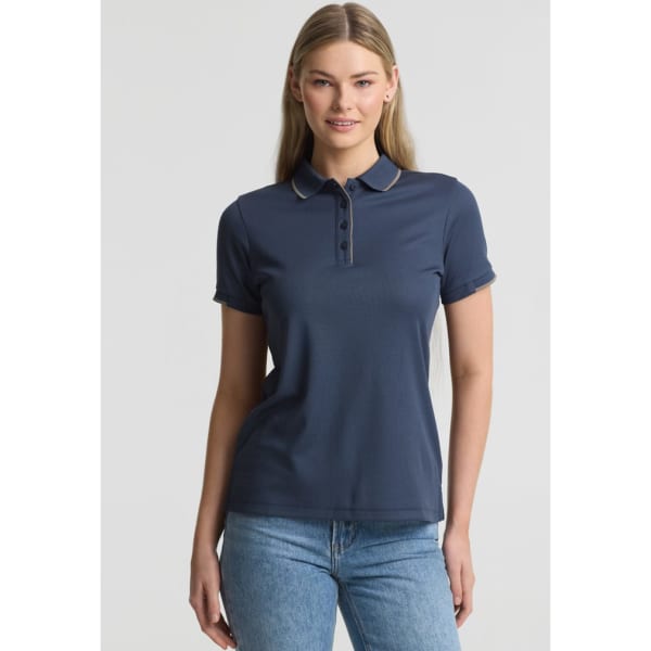 A women's short sleeve polo in navy blue, featuring a collar and buttons, with a logo on the chest.