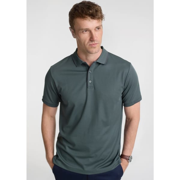 A men's short sleeve polo in dark grey, featuring a collar and three buttons, with a logo on the chest.