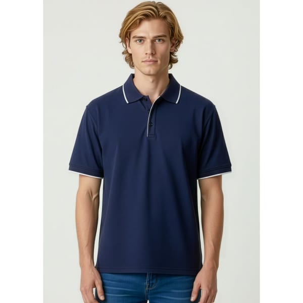 A navy blue men's short sleeve polo shirt with contrasting white trim and a logo on the chest.