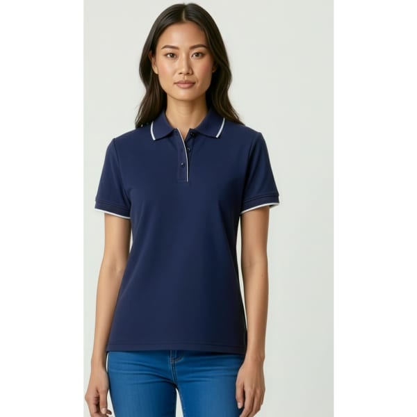 A navy women's elite short sleeve polo shirt with white trim and a logo. The model is wearing the shirt with blue jeans.