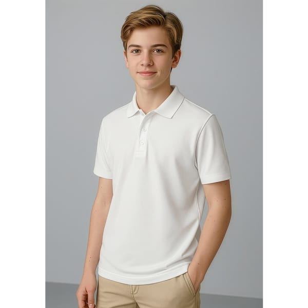 A short sleeve polo shirt in white, featuring a classic collar and a logo on the chest.