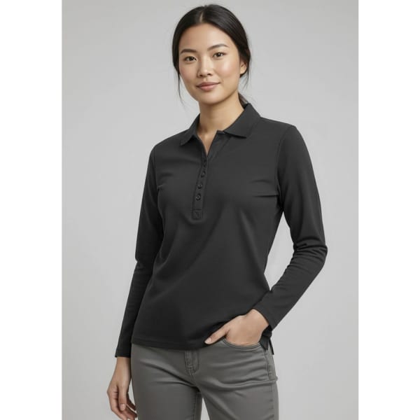 A long sleeve polo shirt in black, featuring a buttoned placket and a logo on the chest.