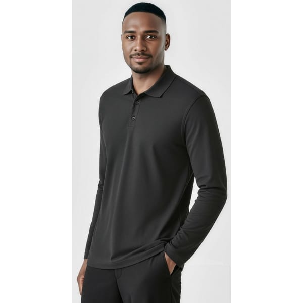 A black long sleeve polo shirt worn by a man, featuring a collar and a logo.