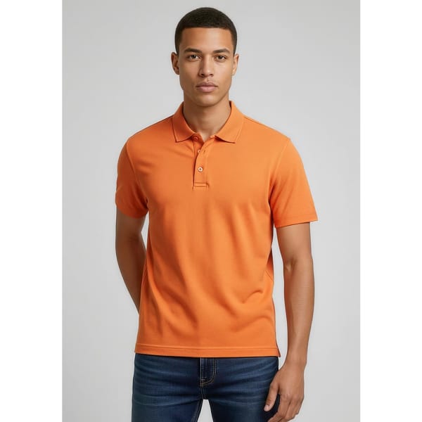 An orange polo shirt with a collared neckline, featuring a logo, worn by a model against a neutral background.