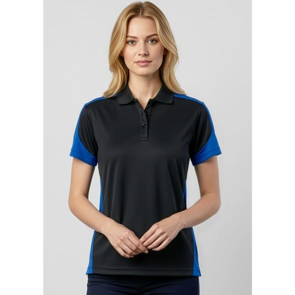 A women's polo shirt in black with blue accents. It features short sleeves and a collar, with a logo on it.