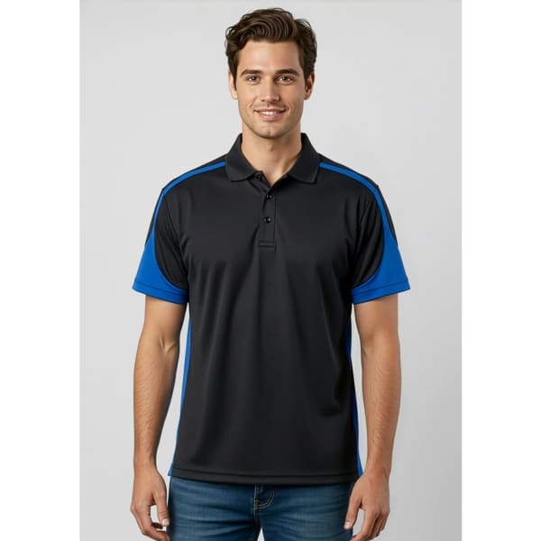 A black and blue short sleeve polo shirt featuring a collar and a logo. Suitable for casual wear.