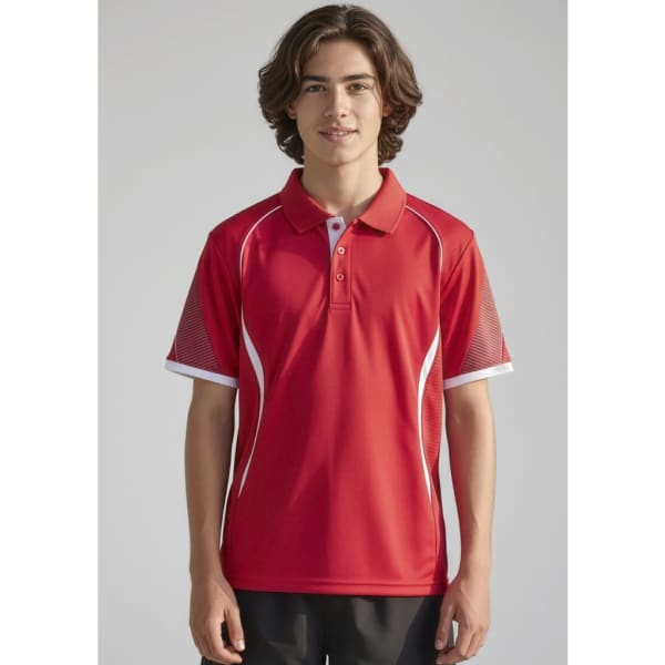 A red kids' polo shirt with white accents and a logo, featuring short sleeves and a classic collar design.