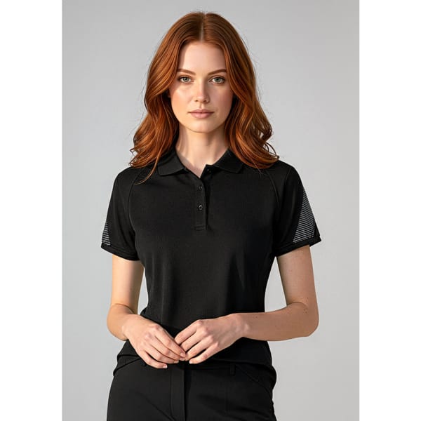 A black women's short sleeve polo shirt with mesh detail on the sleeves, featuring a logo.