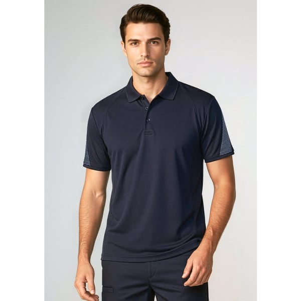 A navy short sleeve polo shirt featuring contrasting mesh panels and a logo on the chest. 