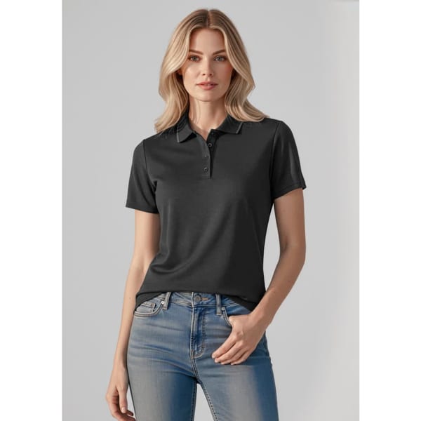 A black women's short sleeve polo shirt with a classic collar, featured on a model wearing jeans.