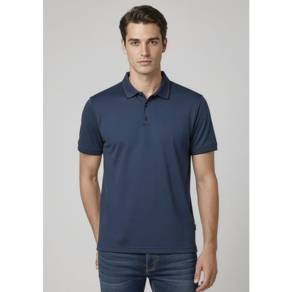 A navy blue short sleeve polo shirt for men with a collar and a logo.