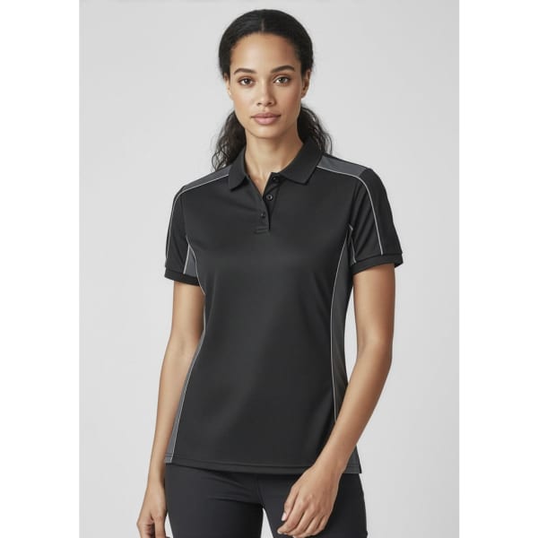 A black unisex short sleeve polo shirt with contrasting grey detailing and a logo.