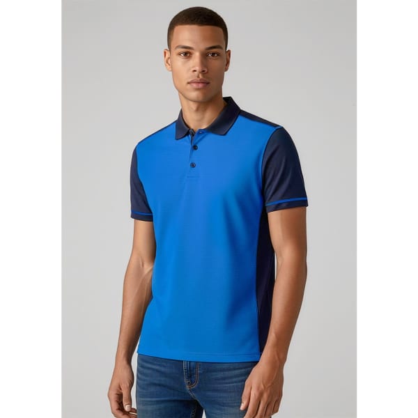 A men's short sleeve polo shirt in bright blue with navy blue accents and a logo.