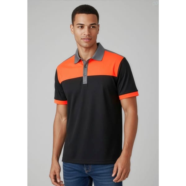 A men's short sleeve polo in black and bright orange, featuring a grey collar and a logo on the chest.