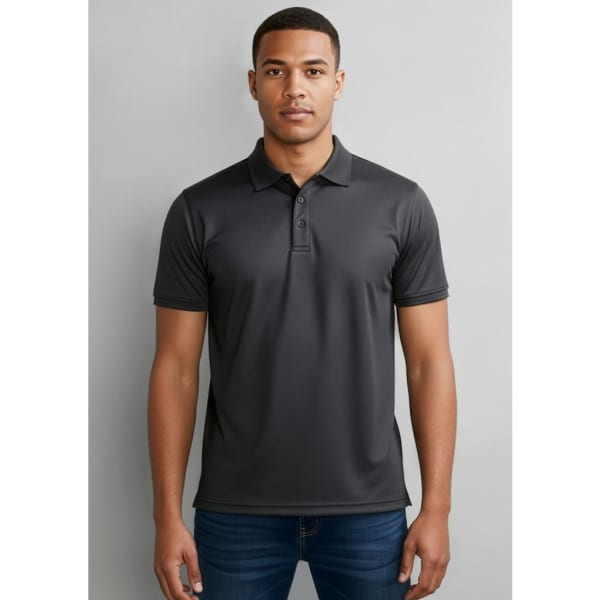 A short-sleeved men's polo shirt in dark grey, featuring a collar and logo. Suitable for casual wear.