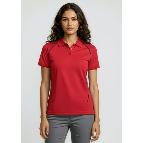 A red women's cyber short sleeve polo shirt featuring black detailing and a logo.