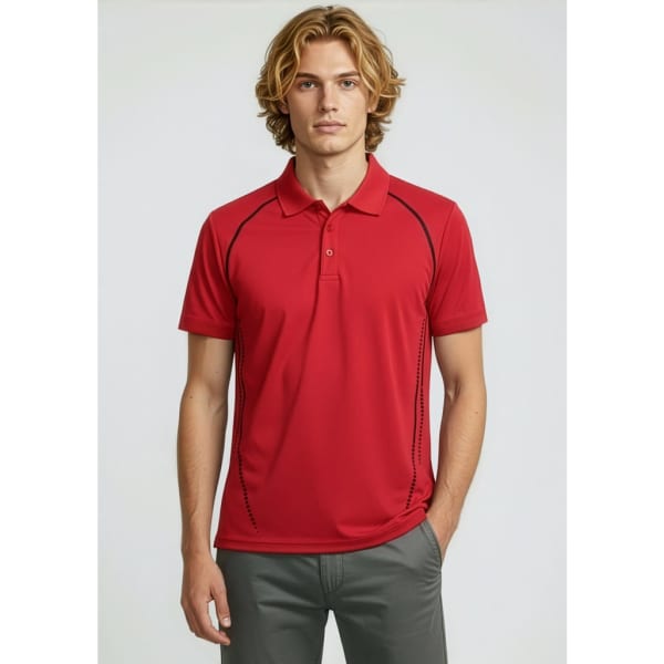A red short sleeve polo shirt with contrasting black accents and a logo on the chest.