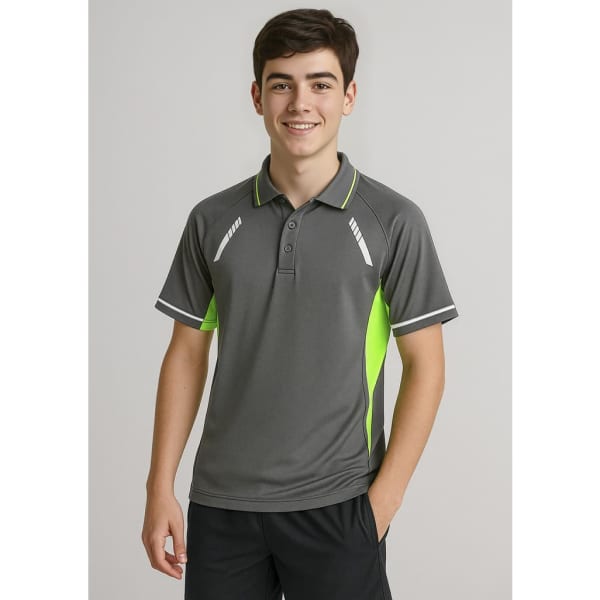 A grey short sleeve polo shirt with bright green accents and a logo on the chest.