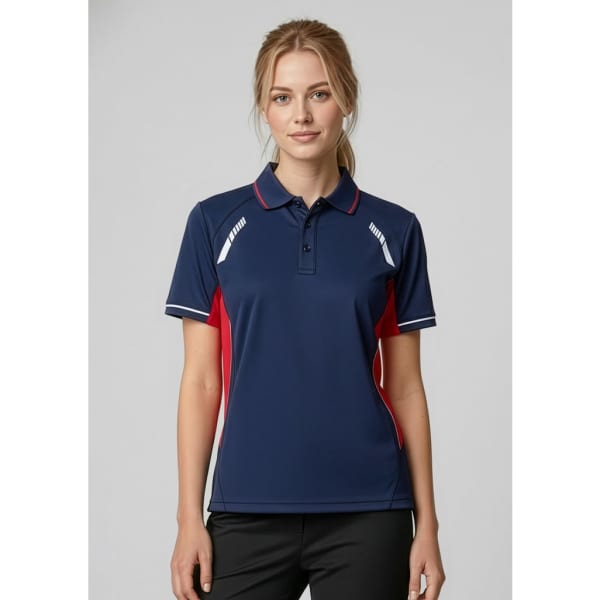 A navy blue short sleeve polo shirt with red and white detailing and a logo on the chest.