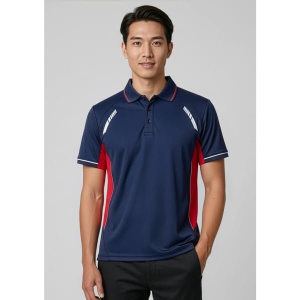 A navy blue men's polo shirt with red accents and a logo, featuring short sleeves and a classic collar.