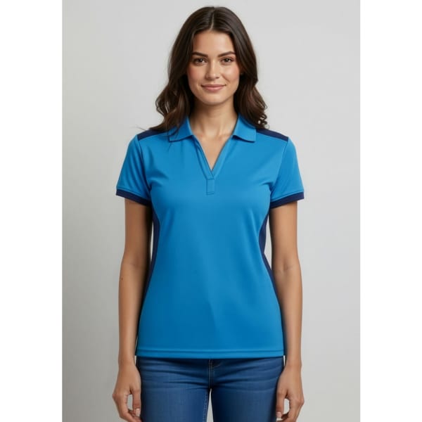 A women's short sleeve polo shirt in bright blue with navy accents and a logo on the chest.