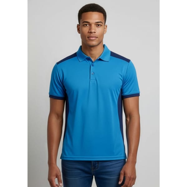 A mens' short sleeve polo shirt in blue with navy accents and a branded logo.