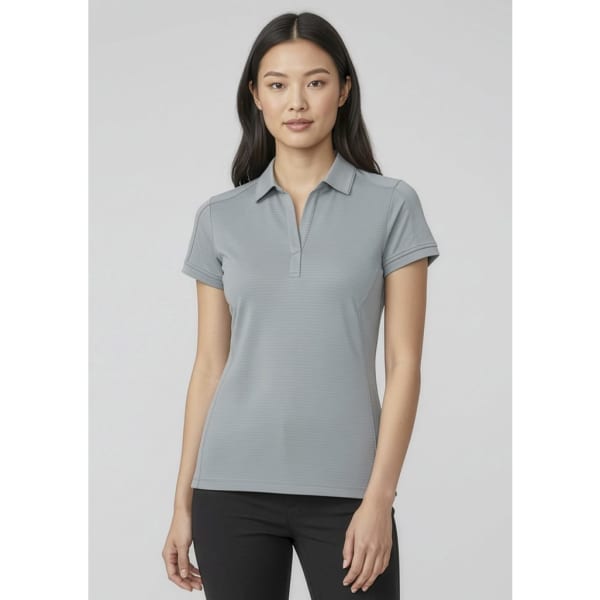 A women's short sleeve polo in light grey with a collar, featuring a fitted design and no visible logos.