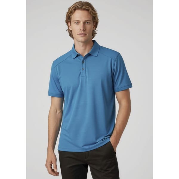A blue men's short sleeve polo shirt with a collar and a subtle logo.