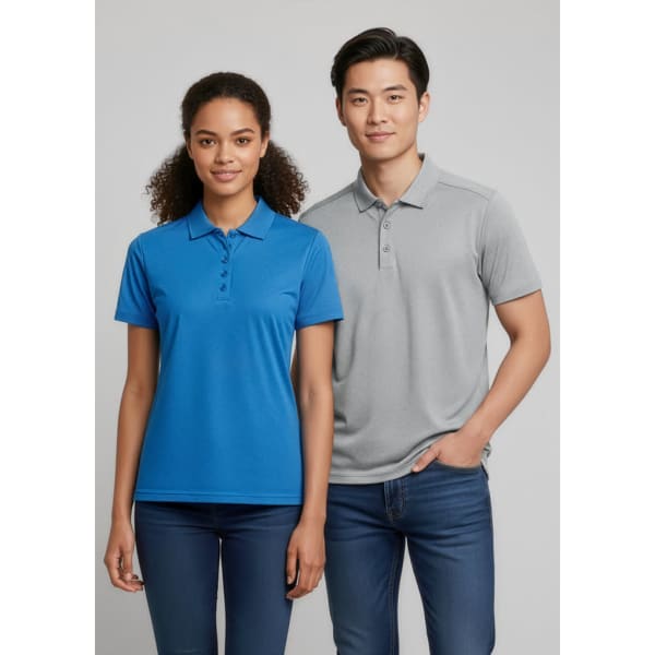 A blue women's short sleeve polo and a grey men's short sleeve polo, both featuring a logo, displayed on model.