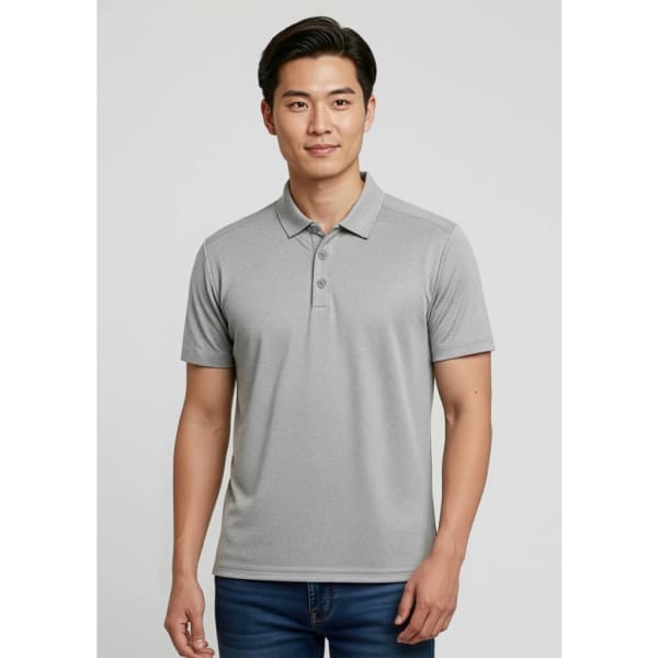 A grey short sleeve polo shirt for men, featuring a collar and a logo on the chest.
