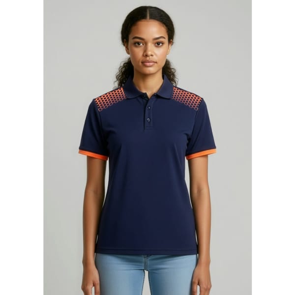 A navy short sleeve polo shirt featuring orange details and a patterned design on the shoulders. It has a logo.