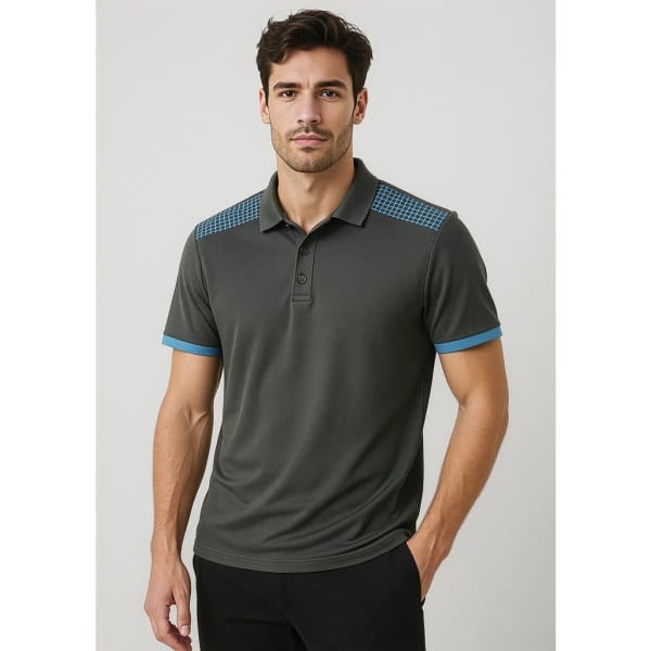 A short sleeve polo shirt in dark grey with blue accents on the shoulders and sleeves, featuring a logo.