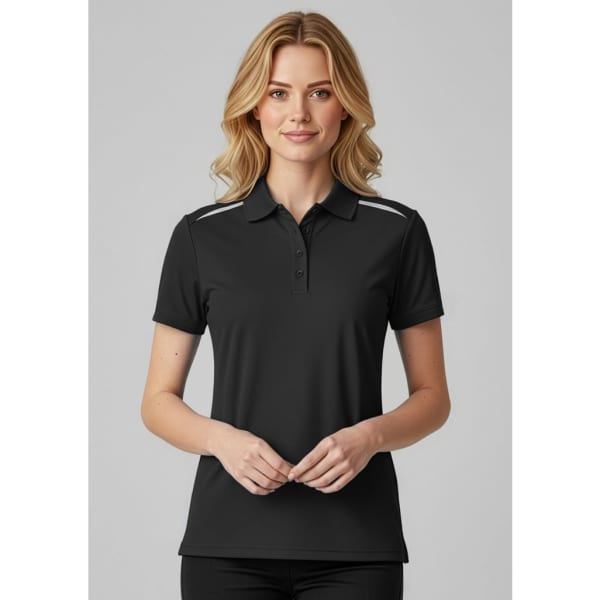 A black women's short sleeve polo shirt featuring a subtle design and a logo.
