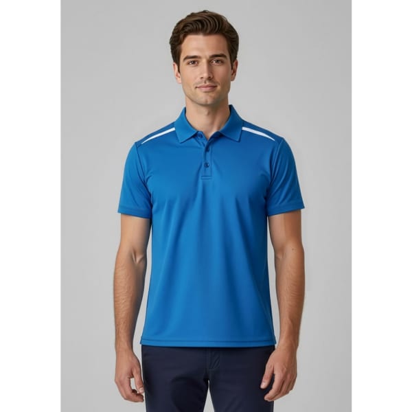 A blue men's polo shirt with a collar and two white stripes on the shoulders, featuring a logo.