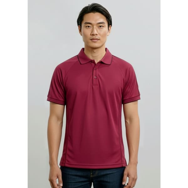 A maroon short sleeve polo shirt for men, featuring a collar and a logo.