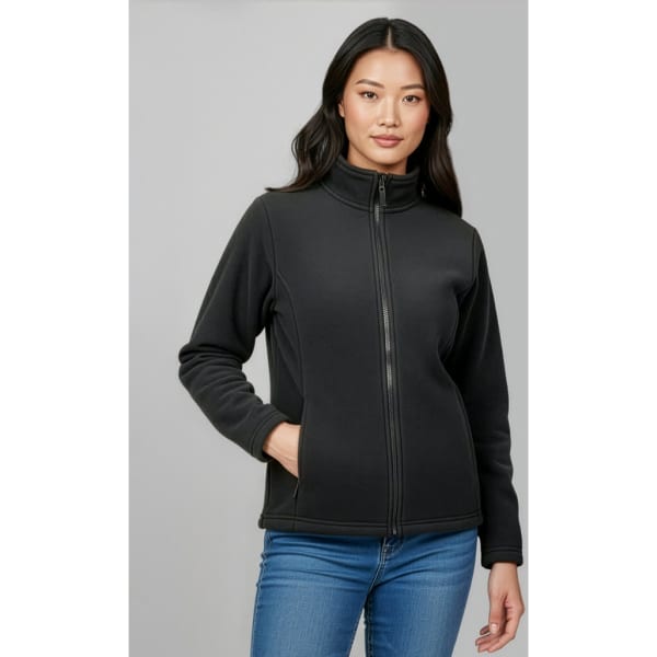 A black women's micro fleece jacket with a full zip and side pockets, featuring a collar and a smooth finish.