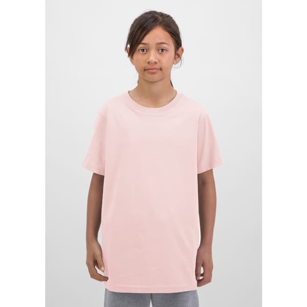A short sleeve t-shirt in soft pink, featuring a relaxed fit and simple design. It includes a logo on the front.